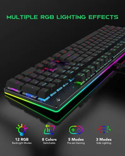 Vista 2 de Black Shark Teclado mecánico RGB para juegos con retroiluminación LED, teclado con cable con interruptores rojos, totalmente programable