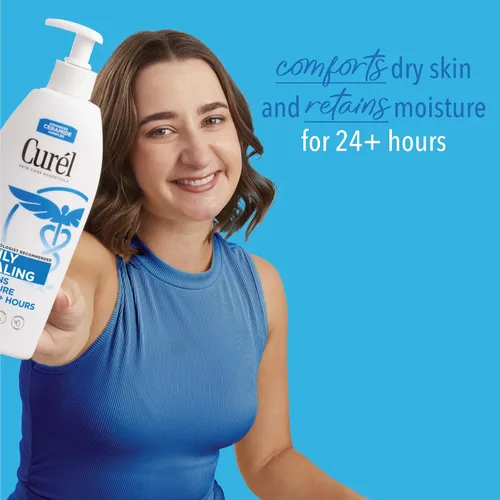 Vista 2 de Curel Loción diaria curativa para manos y cuerpo, hidratante nutre la piel seca con complejo avanzado de ceramida, repara la barrera de humedad, 13