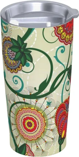 Vista 2 de Evealyn Vaso de acero inoxidable de 20 onzas con estampado floral vintage con tapa y pajita, taza de café reutilizable de viaje para bebidas frías