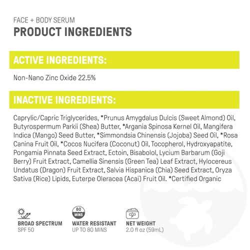 Vista 5 de Raw Elements Face + Body Serum SPF 50 Protector solar mineral totalmente natural, 2 onzas All-natural mineral sunscreen with broad-spectrum