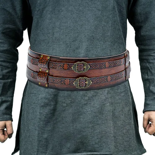 Vista 2 de HiiFeuer Phoenix Vegvisir - Armadura de pecho de cuero en relieve con cinturón ancho vikingo, juego medieval de piel sintética vikinga para mujeres