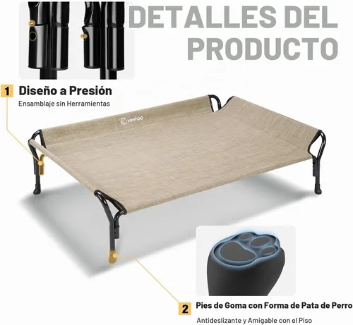 Vista 4 de Veehoo Cama elevada mediana para perro, barandilla, antideslizante, malla beige café