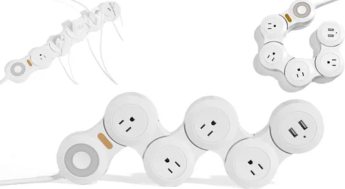 Vista 9 de Protector de sobretensiones flexible, cable de 6 pies de largo, 4 tomacorrientes, 2 USB (enchufe plano de 10 V/13 amperios) con cable de extensión