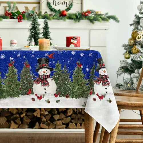Vista 3 de Horaldaily - Mantel de Navidad rectangular de 52x70 pulgadas, diseño de muñeco de nieve y árboles azules, mantel lavable de temporada