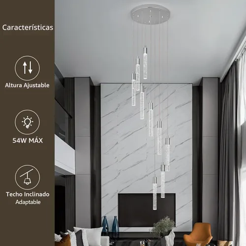 Vista 2 de Lámpara colgante de cristal cromado, 9 luces, regulable, 54 W, 6000 K, escalera, grande, vestíbulo, sala de estar, vestíbulo, techo alto Cromo