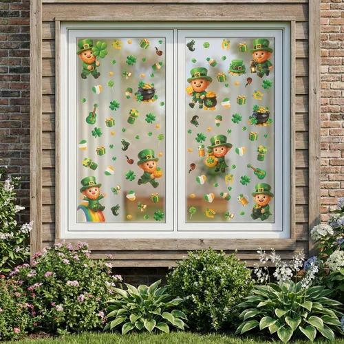Vista 8 de WALPLUS Decoración de primavera para el Día de San Patricio, de doble cara, reutilizable, despegar y pegar, extraíble para ventana de duende