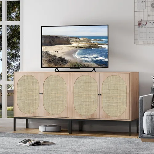 Vista 11 de Brafab Aparador negro con puertas decoradas de ratán natural, 31.5 pulgadas de ancho, armario de almacenamiento de ratán Credenza, gabinete bohemio