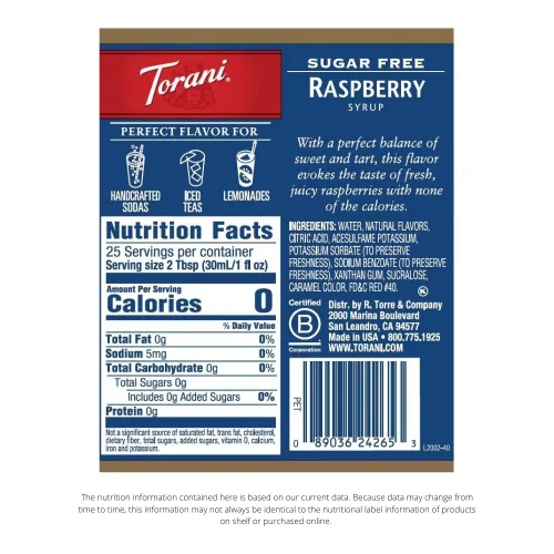 Vista 2 de Jarabe Torani sin azúcar, sabor frambuesa, 25.4 oz. (paquete de 4 unidades)