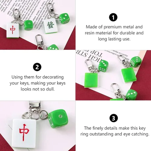 Vista 6 de LUOZZY 4 piezas Mahjong Tile Keychain Chinese Dice Mahjong Fa Cai Llavero, Multi, Mediana