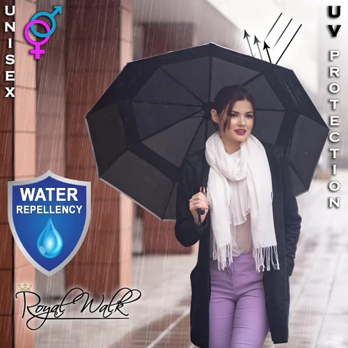 Vista 5 de Royal Walk Paraguas de viaje plegable resistente al viento, compacto y fuerte, mango de madera real, cierre automático, doble toldo ventilado