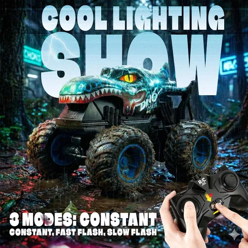 Vista 3 de BEZGAR Monster Truck Toys - Camión monstruo de control remoto con luz y música, juguetes de dinosaurios para niños, camión RC a escala 1:20 con Azul