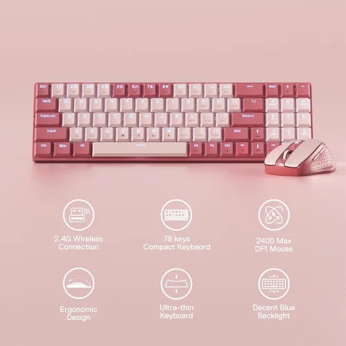 Vista 2 de Redragon BS135 Combo de Teclado y Mouse Inalámbrico, Teclado Mecánico de Bajo Perfil 75% de 78 Teclas 2.4Ghz Inalámbrico con Batería Recargable, Luz