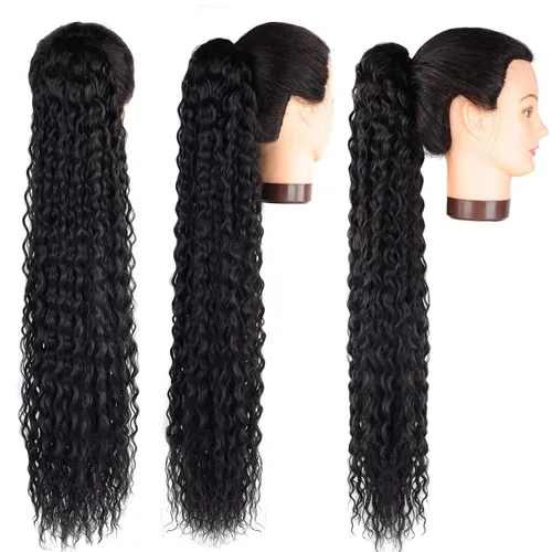 Vista 4 de Cola de caballo larga y rizada con cordón de 30 pulgadas, extensiones de cola de caballo sintéticas con clip, color negro para mujer, afro rizado
