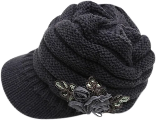 Vista 2 de C-US - Gorro de punto cálido para mujer, con visera de ganchillo con acento de flores