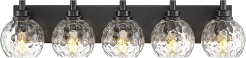 Vista 17 de Accesorios de iluminación de baño, luz de tocador mate negra de 2 luces, apliques de pared modernos con pantalla de globo de vidrio transparente