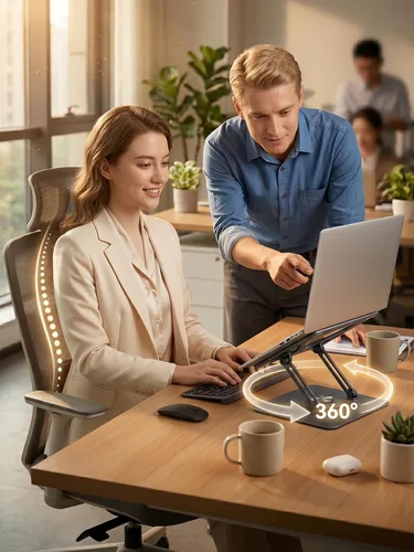 Vista 2 de Soporte giratorio para laptop de 360° para escritorio Ergonómico, altura ajustable, ahueca hacia fuera la estructura estable de la disipación