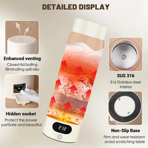 Vista 3 de Hervidor Eléctrico de Viaje Tetera Mini Portátil, Acero Inoxidable 316 16.91Oz/500mL, Calentador de Agua Caliente Pequeño Inteligente con 4