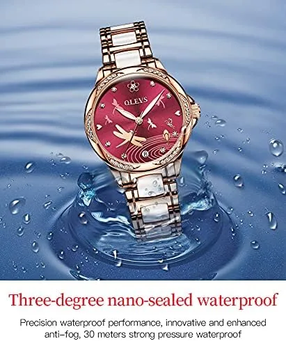 Vista 6 de OLEVS Relojes automáticos de esfera roja para mujer cuerda automática pulseras de dos tonos de oro rosa reloj de mujer relojes de moda reloj