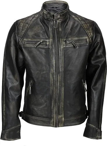 Vista 2 de Chaqueta de cuero vintage con hombros acolchados, estilo retro, clásico, con diamantes desgastados, para motocicleta, Cafe Racer