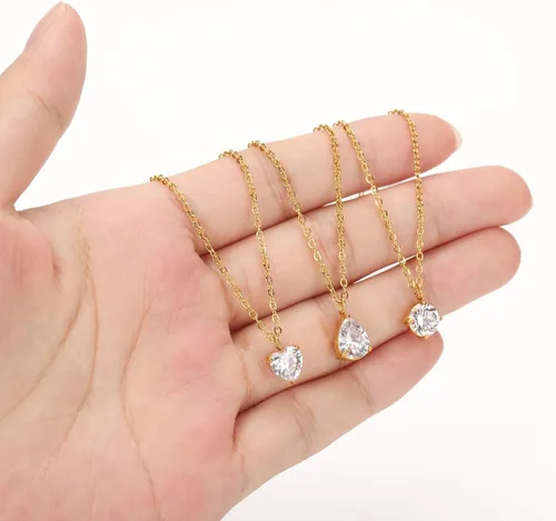 Vista 2 de 3 collares circulares de corazón con gotas de agua para mujer, collares delicados para mujeres, collares modernos de acero inoxidable