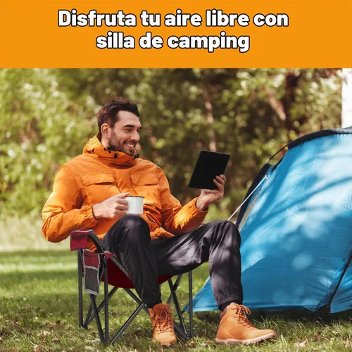 Vista 3 de 2 sillas plegables para camping, portátil, para exteriores, resistentes, acolchadas, silla de césped con soporte para tazas, bolsillo de Rojo-algodón