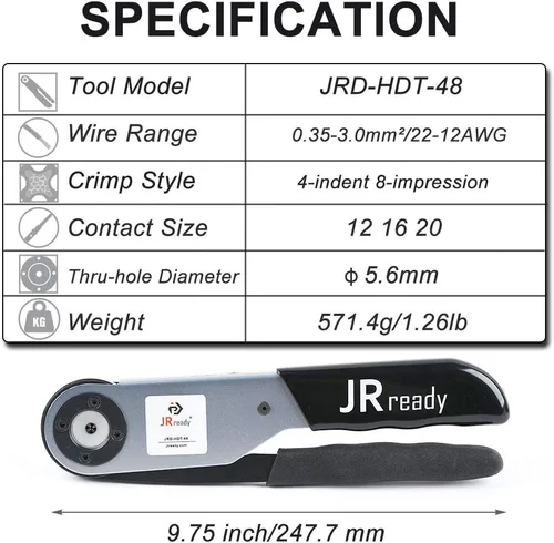 Vista 2 de JRready JRD-HDT-48 Deutsch - Herramienta de engarzado de contactos sólidos HDT-48-00 para tamaño 12, 16, 20 pines Deutsch, funciona con conectores