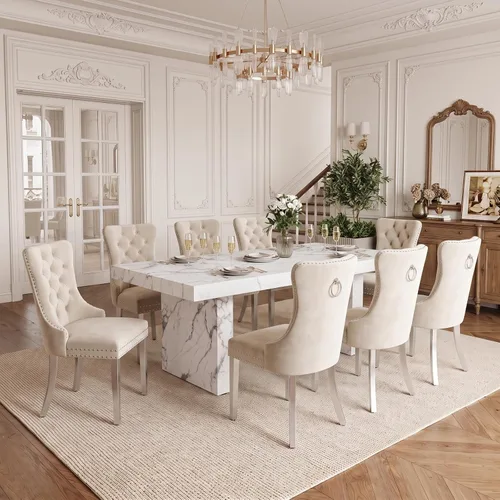 Vista 7 de Ebullient 79" White Dining Table Set for 8, Faux Marble Table & 8 Chairs Cream Chairs