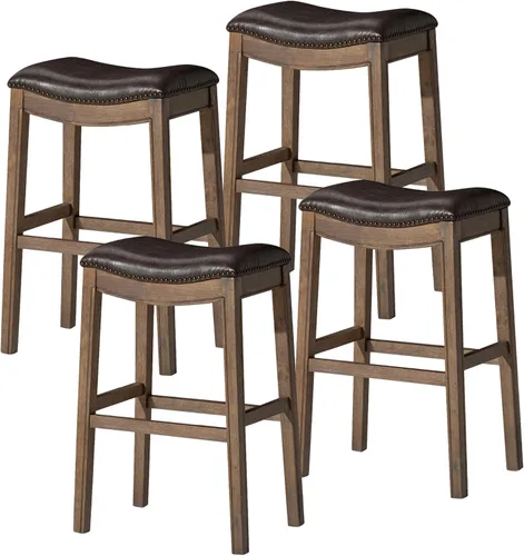 Vista 21 de Maven Lane Adrien Taburete de bar sin espalda, juego de 2, asiento de silla de montar de 31 pulgadas con reposapiés, marco de madera maciza marrón