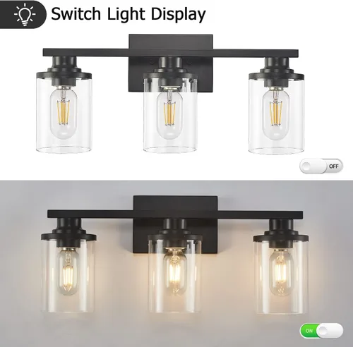 Vista 6 de 3 Luces Negras para Tocador de Baño con Pantalla de Vidrio Transparente, Apliques de Pared Modernos de Iluminación para Baño Sobre Espejo