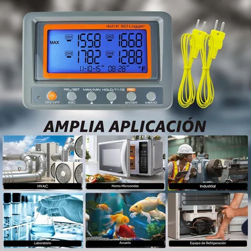 Vista 7 de Registrador de datos de termopar de 4 canales -328 ~ 2498 ° F, registrador de datos de temperatura con tarjeta SD de 8 GB, registro automático