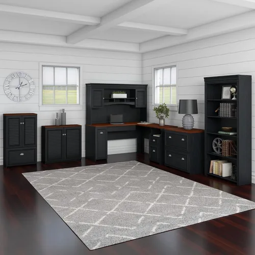 Vista 2 de Bush Home Fairview - Carcasa de 60 W para escritorio en forma de L en negro antiguo, accesorio con estantes y armarios para oficina en casa
