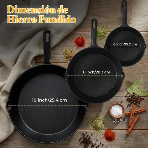 Vista 4 de Utopia Kitchen Juego de sartenes de hierro fundido de 3 piezas, sartén para chefs, sartenes de hierro fundido pre-sazonadas, 6, 8 y 10 pulgadas