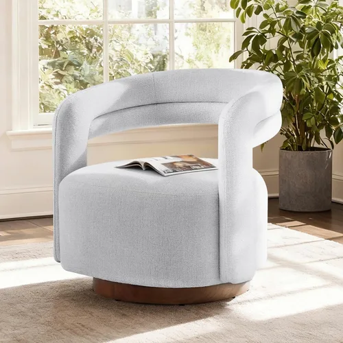 Vista 8 de Silla giratoria decorativa, silla de barril tapizada con diseño de respaldo abierto, silla moderna con base de madera para sala de estar Crema