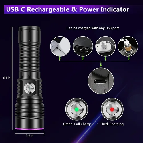 Vista 5 de Linterna UV de 365nm con lente de filtro Linternas recargables de luz negra