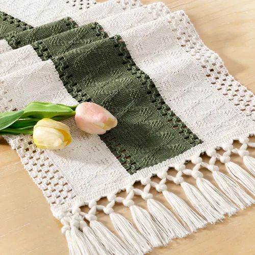 Vista 9 de Socomi Camino de mesa bohemio de verano rústico para comedor, cocina, centro de mesa, decoración pequeña de macramé de algodón y lino, camino