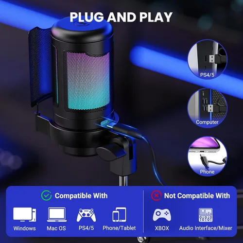 Vista 6 de Kit de micrófono USB para juegos, micrófono de condensador RGB con silencio, ganancia, soporte de brazo ajustable para monitoreo, filtro pop