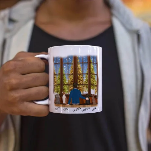 Vista 4 de Taza de café personalizada de hombre y gato de 11 onzas – Añade hasta 4 gatos con nombres y Avatar personalizado Cat Man – Elige una hermosa escena