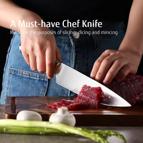Vista 8 de hecef Juego de cuchillos de cocina plateado de 3 piezas, hoja con acabado satinado con mango hueco, incluye cuchillo de chef de 20 cm, cuchillo