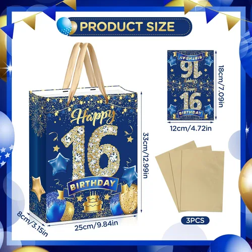 Vista 4 de Wayyogh Bolsa de regalo de cumpleaños de 16 años, color azul marino, dorado, bolsa de regalo de feliz cumpleaños de 16 años con papel de seda