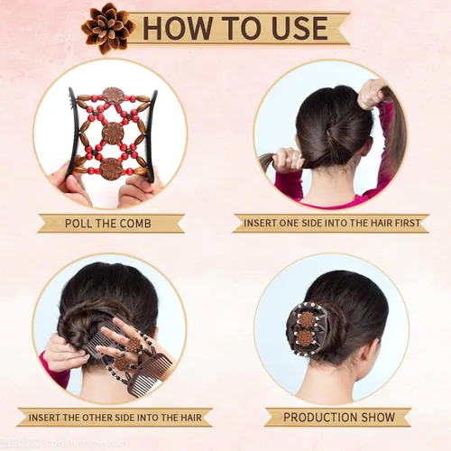 Vista 4 de Yeshan Peines Mágicos para el Cabello para Mujeres con Cuentas de Madera Elásticos Extensibles Dobles Peines Laterales Ajustables Clips Elásticos