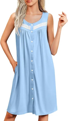 Vista 9 de Ekouaer Camisones para mujer, con botones, sin mangas, suave, con bolsillos, tallas S-XXXL