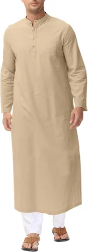 Vista 6 de LVCBL Kaftan para hombre, de manga larga, caftán, thobe, con abertura lateral, bata musulmana, con botones, túnica larga Blanco