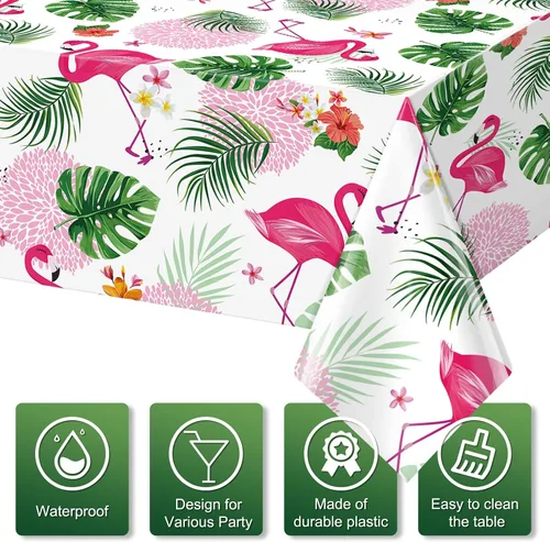 Vista 3 de Paquete de 3 manteles de verano con diseño de flamenco para fiestas, mantel de plástico tropical hawaiano, mantel desechable Luau para verano