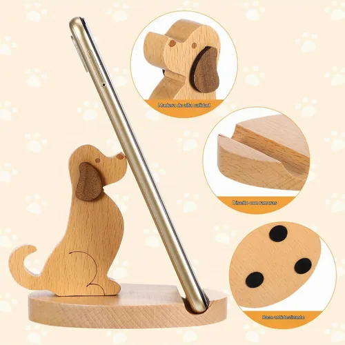 Vista 5 de Didiseaon Soporte de madera para teléfono celular con forma de cachorro, soporte para teléfono inteligente, soporte para tableta, soporte manos