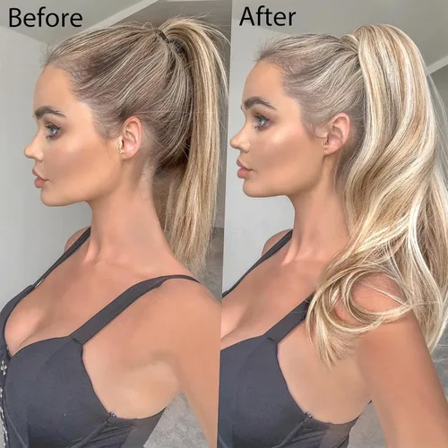Vista 5 de Extensión de cola de caballo de cabello humano Remy 100% real, envolvente, cola de caballo larga y recta, extensiones de cabello con cola de caballo