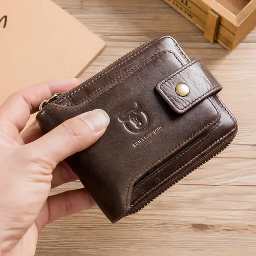 Vista 103 de LUKZIJAES Billetera de cuero genuino para hombre, con bloqueo RFID, delgada, plegable, bolsillo frontal, #3-Café, Vintage