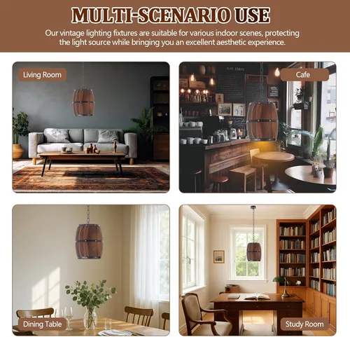 Vista 5 de Copkim Lámpara colgante de barril de vino de madera rústica con cadena ajustada, lámpara colgante antigua E26 lámpara de techo para bar, cocina