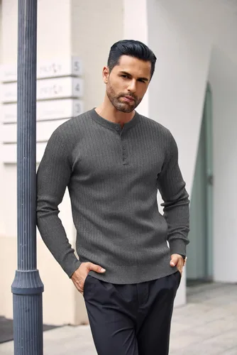 Vista 24 de COOFANDY Suéter de punto Henley para hombre, manga larga, con botones, ligero, para otoño, ajustado, acanalado
