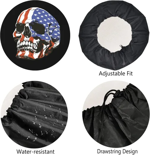 Vista 4 de Cubierta de neumático de repuesto para remolque, diseño de calavera americana, para neumáticos de remolque, resistente a la intemperie, a prueba