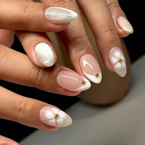 Vista 20 de Uñas postizas a presión de almendra marrón, medianas con diseños de leopardo y purpurina, uñas postizas en forma de almendra otoñal, uñas acrílicas